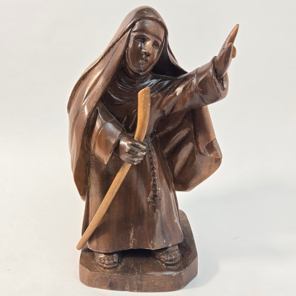 Vintage Carved Wood Catholic Nun Saint Statue Figurine Habit Rosary Staff 9.5"